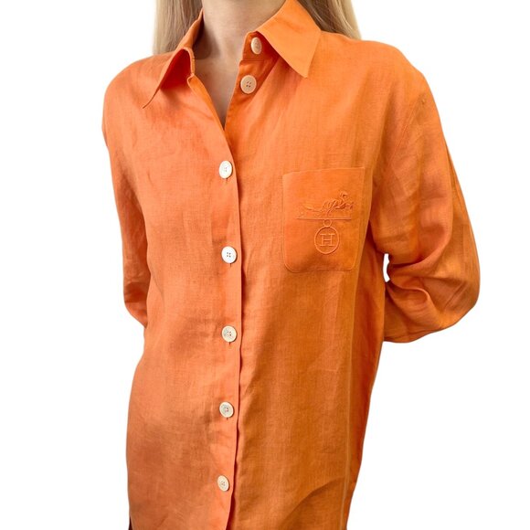 HERMES Vintage H Logo Horse Carriage Embroidery Shirt #36 Orange Button [106322] - Picture 1 of 12